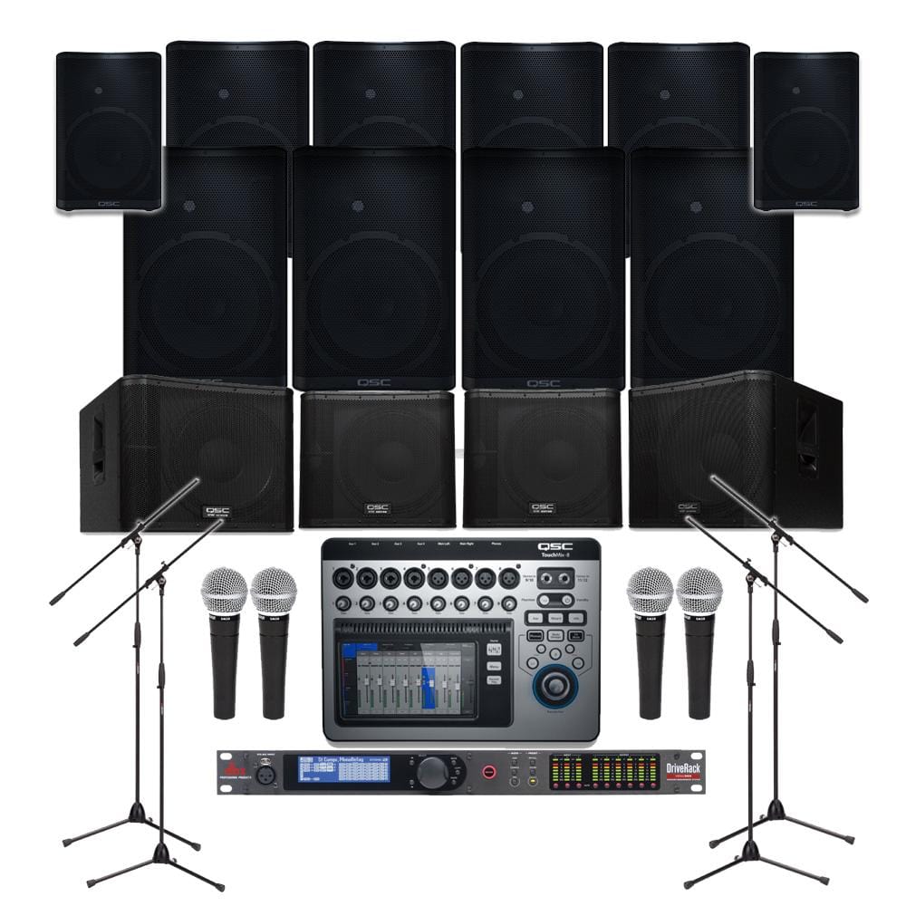 Auditorium Sound System with 10xQSC CP12 Wall Mount Loudspeakers, 4xSubwoofer, Processor, Mixer, Mics & Monitors