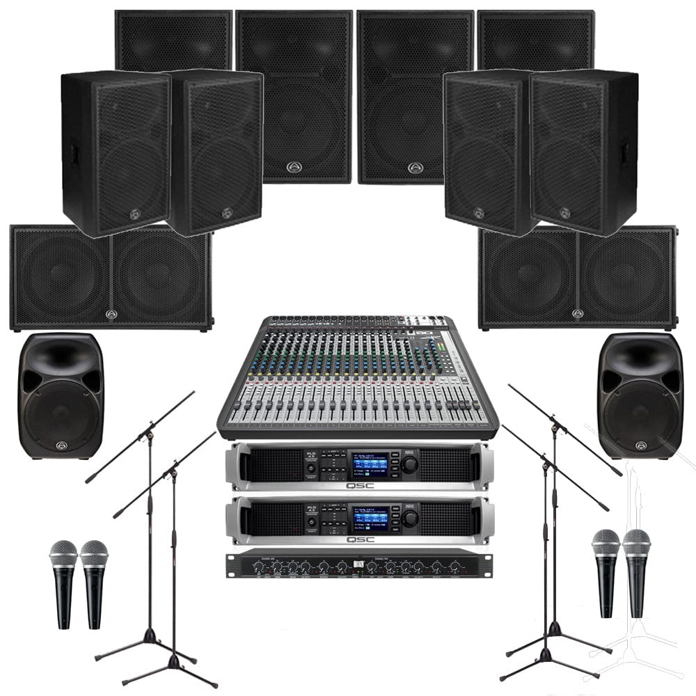 Auditorium Sound System with 8xWharfedale Delta 15 Wall Mount Loudspeakers, 2xSubwoofer, Crossover, Mixer, Mics, Monitors & Power Amp