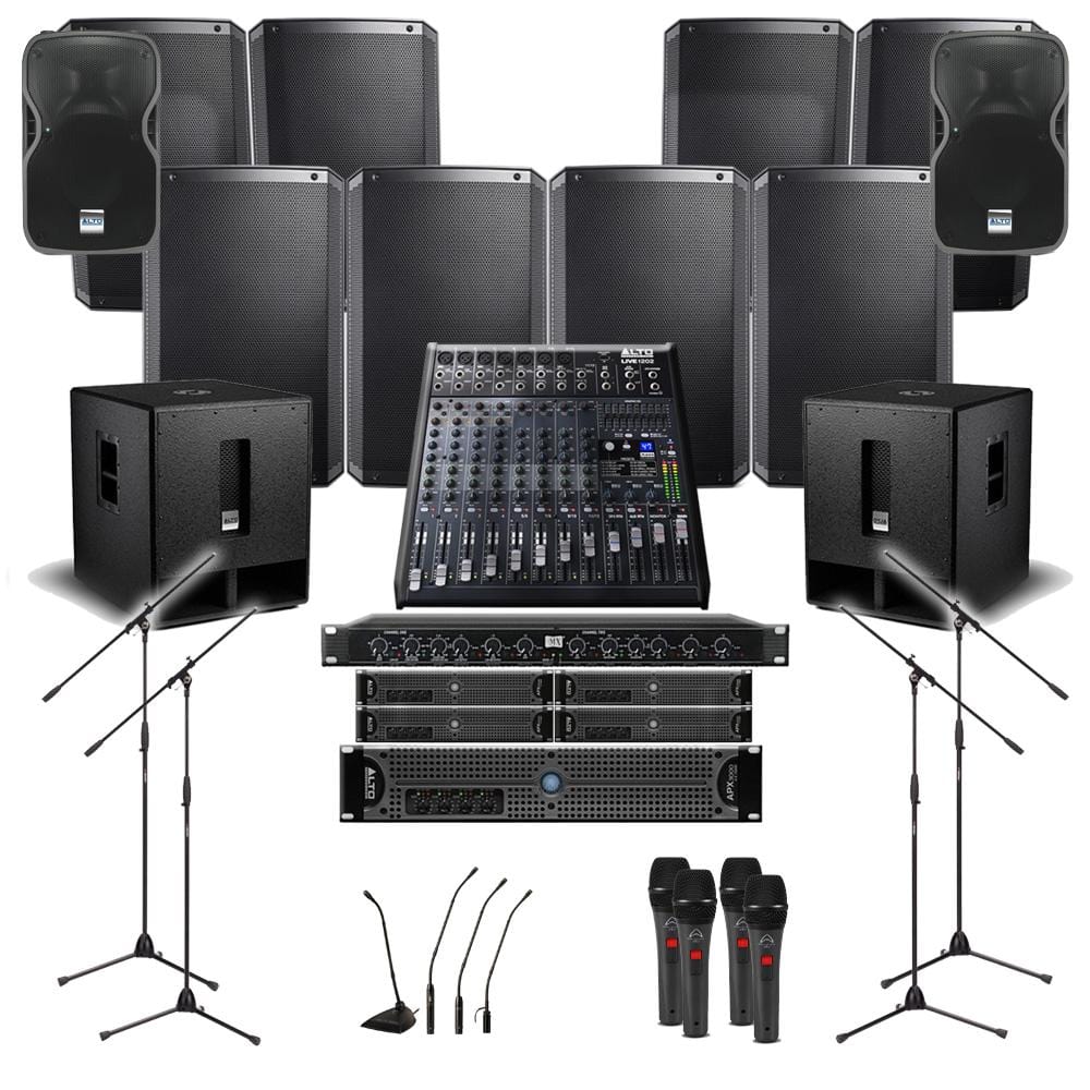 Church Sound System 8xAlto TS315 Wall Mount Loudspeakers, 2xSubwoofer, 5xAmplifier, Crossover, Monitor, Mics, Stands & Mixer