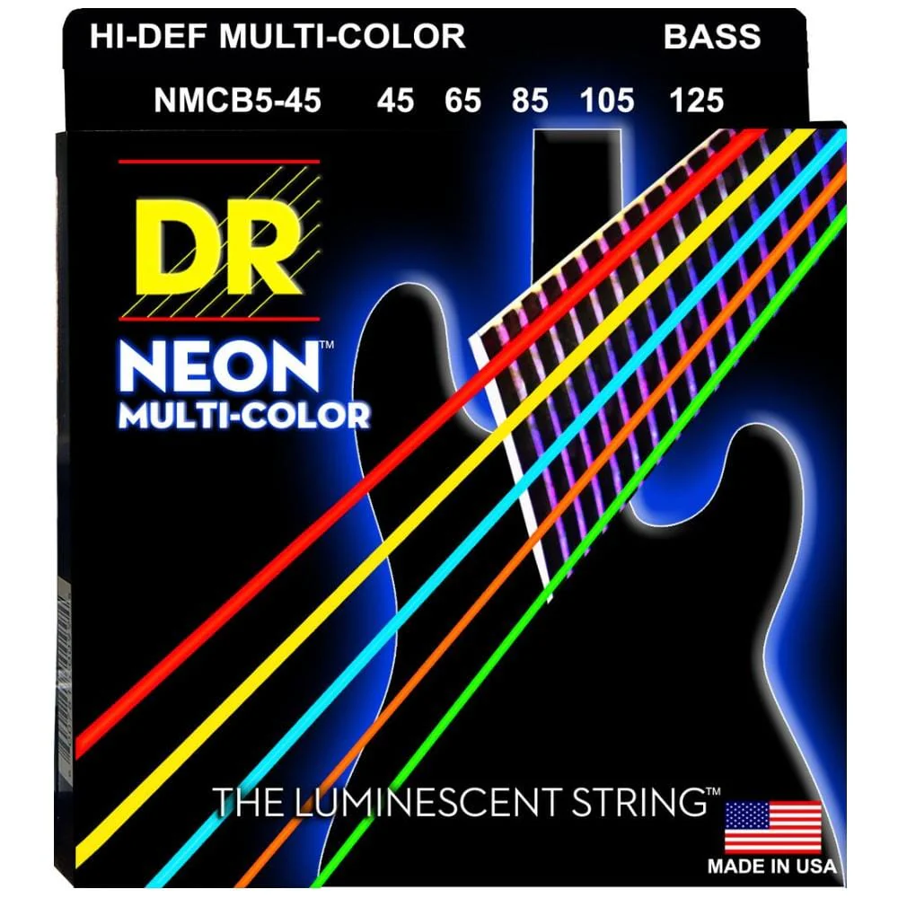 DR String NMCB5-45 HI-DEF Neon Multi-Color Coated 5 String Medium Bass Guitar Strings Set - 0.45-0.125