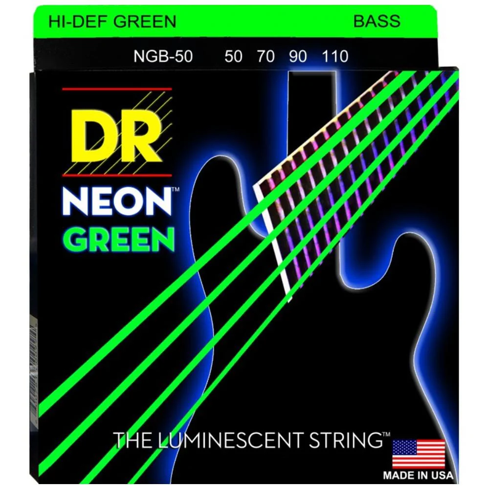 DR Strings NGB50 Hi Def Neon Green Coated Heavy Bass String Set - Light - 50-110
