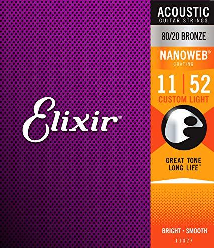 Elixir 3313211027 Nanoweb 80/20 Bronze Acoustic Guitar Strings Custom Light - 11-52