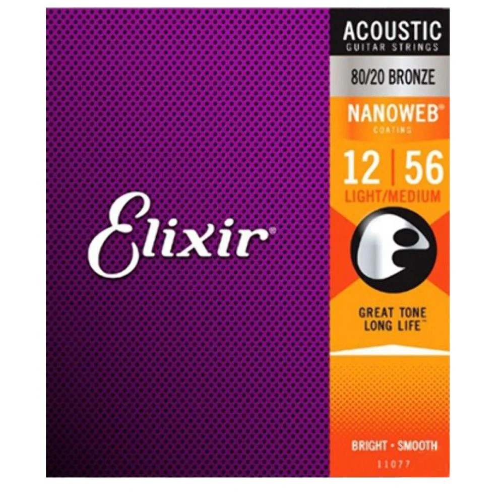 Elixir 3313211077 Nanoweb 80/20 Bronze Acoustic Guitar Strings Light Medium - 12-56