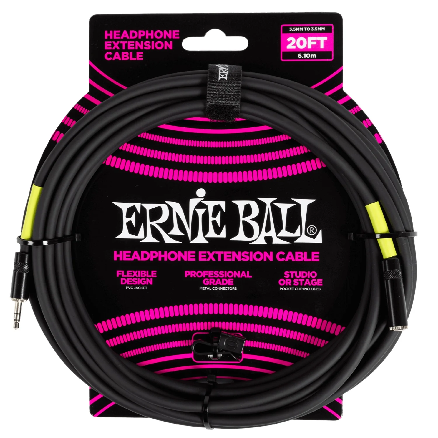 Ernie Ball 3.5mm 20ft Headphone Extension Instrument Cable - Black