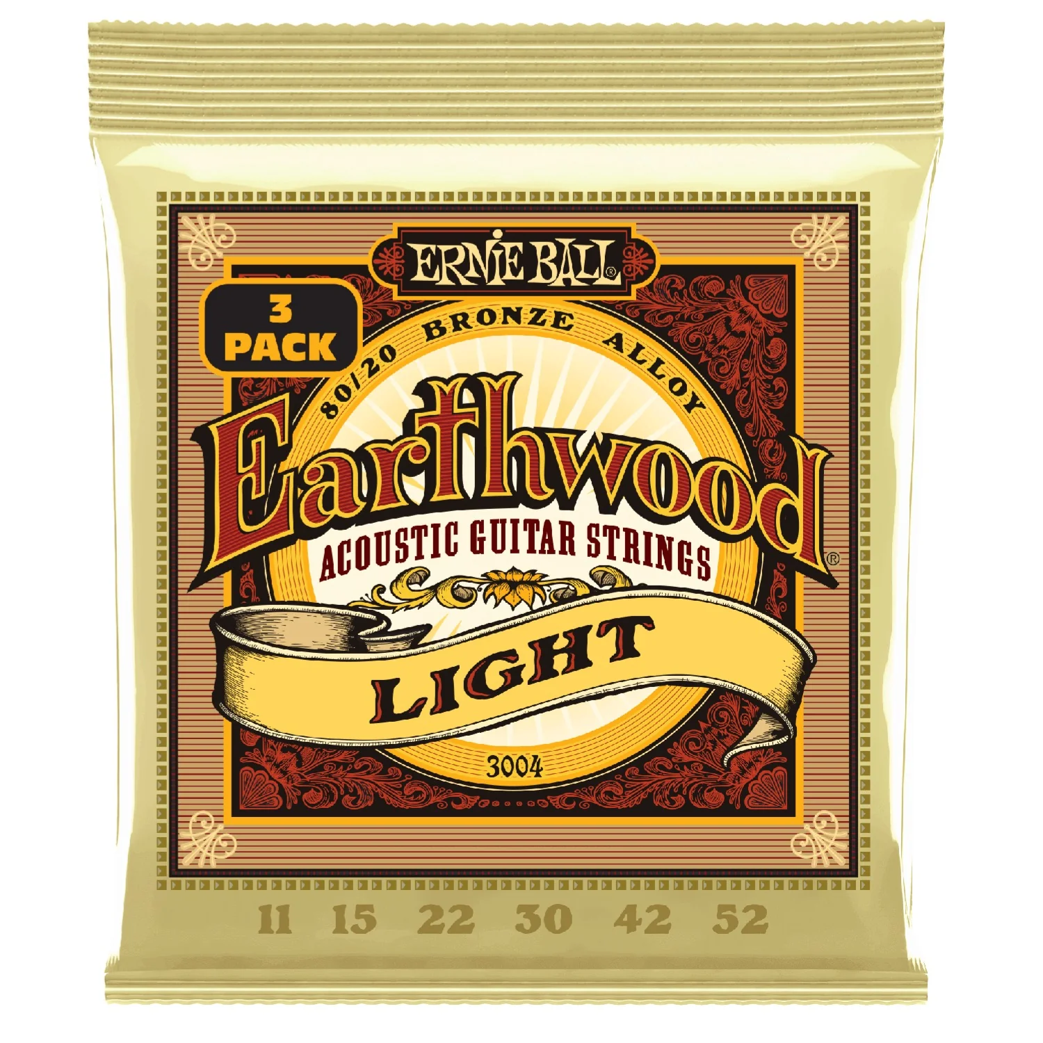 Ernie Ball 3004 Earthwood Light 80/20 Bronze Acoustic Guitar Strings 3 Pack 11-52