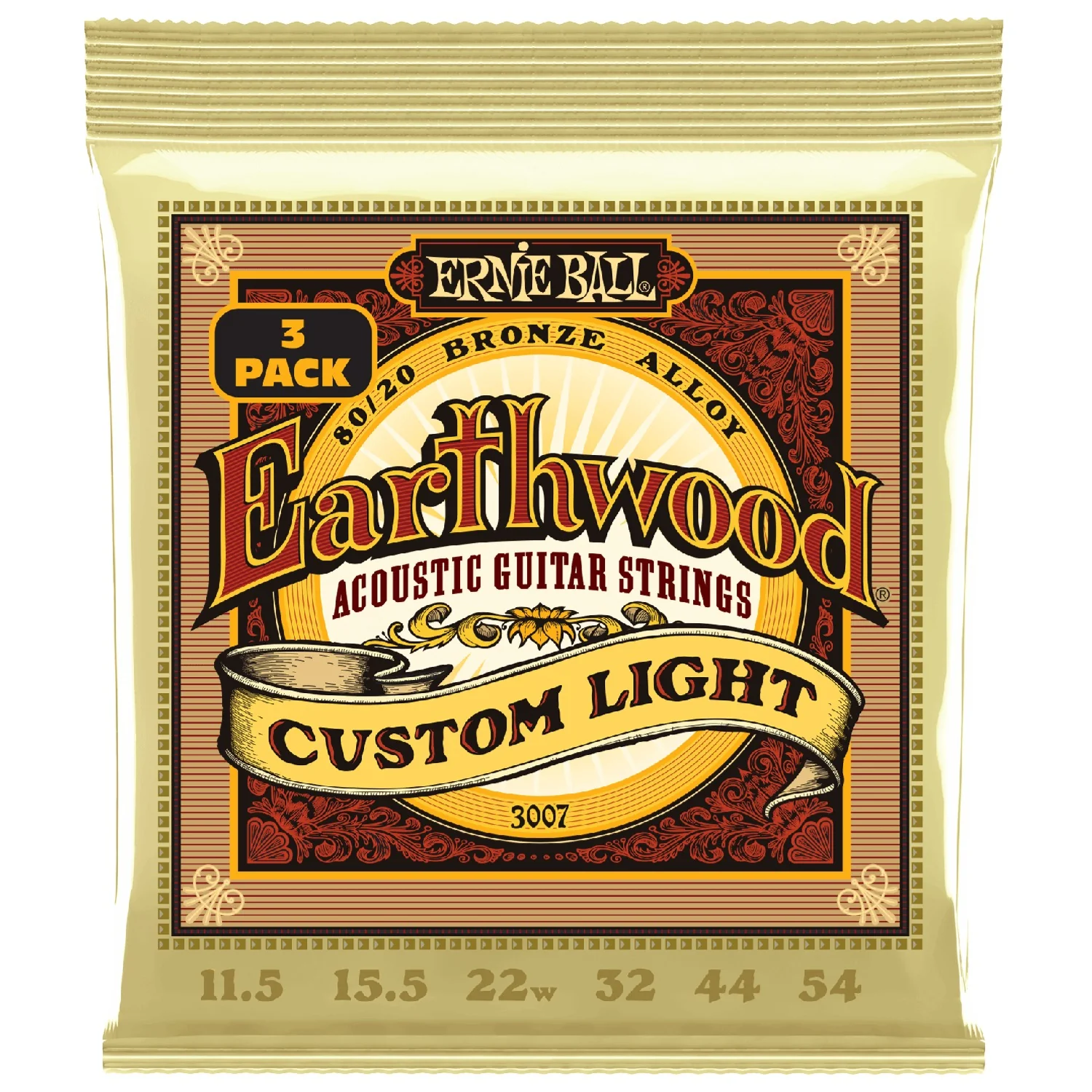 Ernie Ball 3007 Custom Light Earthwood 80/20 Bronze Acoustic Guitar String 3 Pack - .11.5-.54