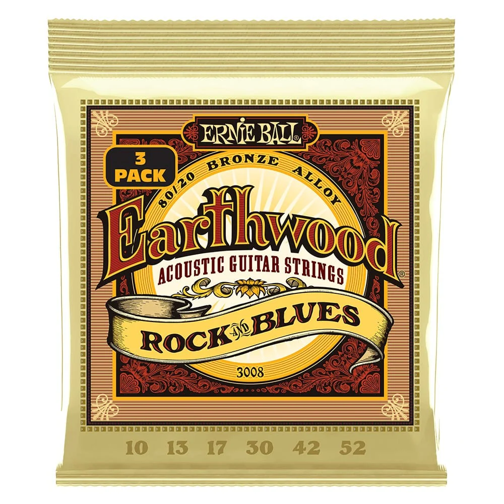 Ernie Ball 3008 Rock and Blues with Plain G Earthwood 80/20 Bronze Acoustic Guitar String 3 Pack - .10-.52