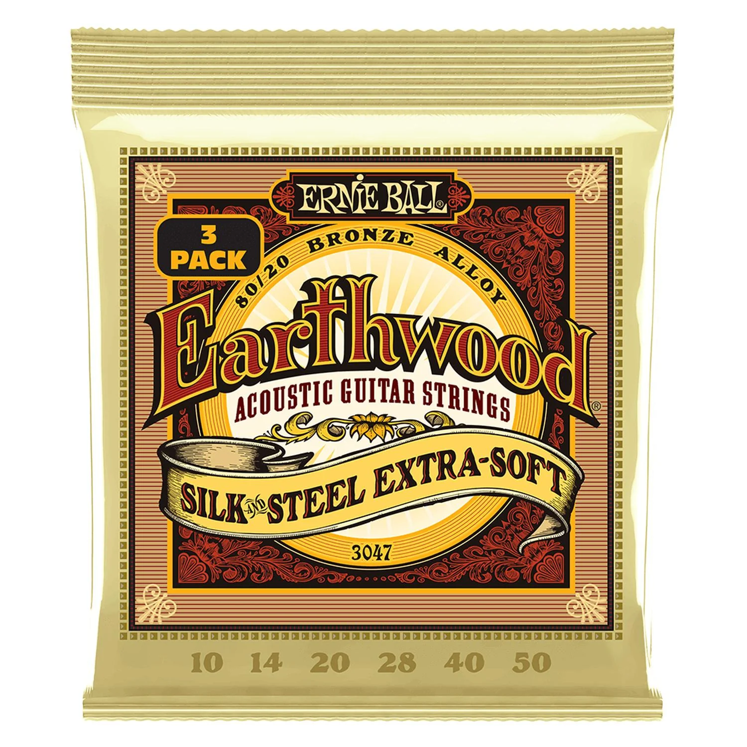 Ernie Ball 3047 Earthwood 8020 Bronze Acoustic Guitar Strings - Pack of 3