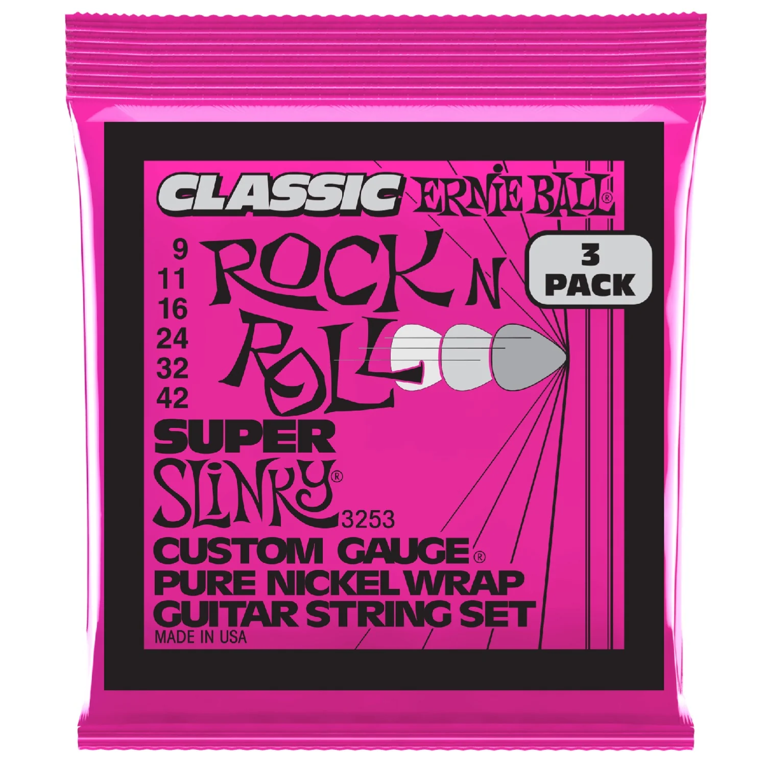 Ernie Ball 3253 Super Slinky Classic Pure Nickel Electric Guitar Strings - Pack of 3 - .9-.42