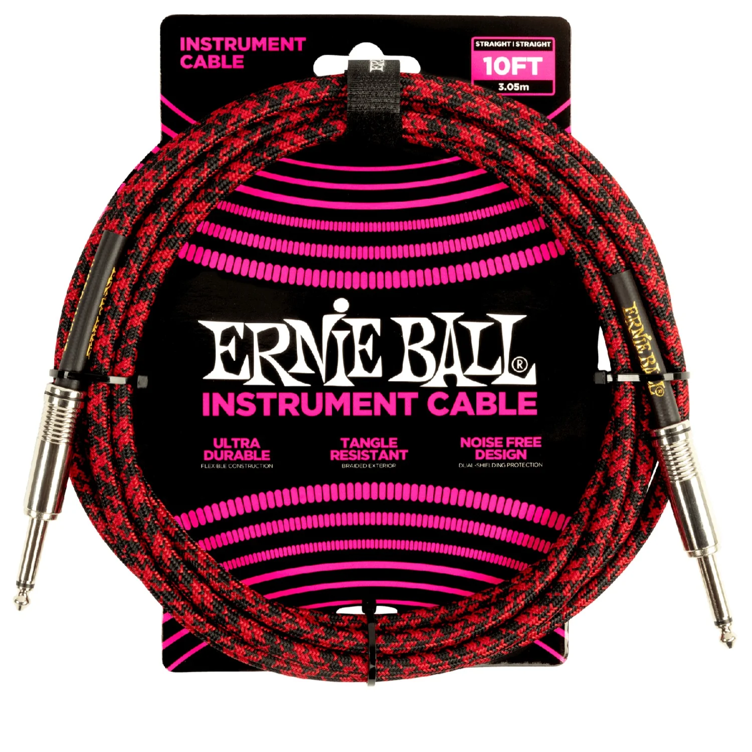 Ernie Ball 6394 10ft Braided Straight Instrument Cable - Red Black