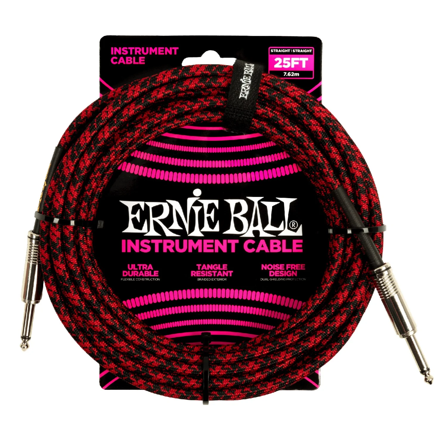 Ernie Ball 6398 25ft Braided Straight Instrument Cable - Red Black