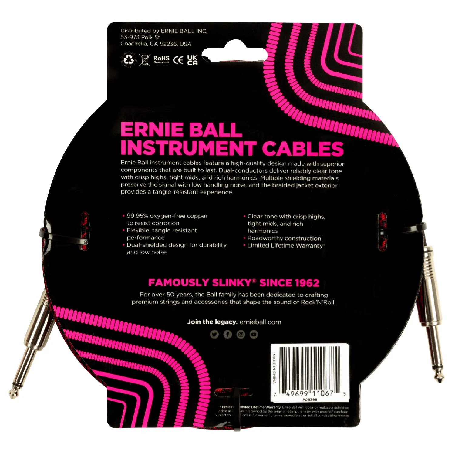 Ernie Ball 6398 25ft Braided Straight Instrument Cable - Red Black - Image 2