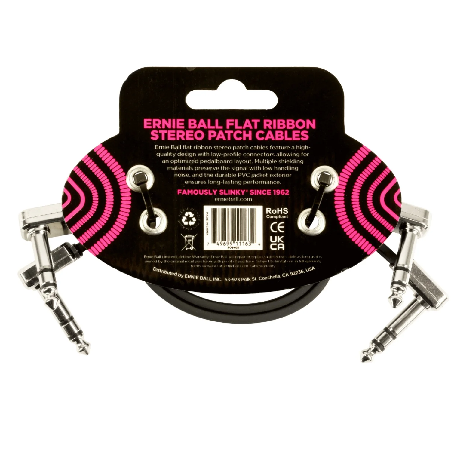 Ernie Ball 6405 12" Flat Ribbon Stereo Patch Cable - Black - Pack of 2 - Image 2