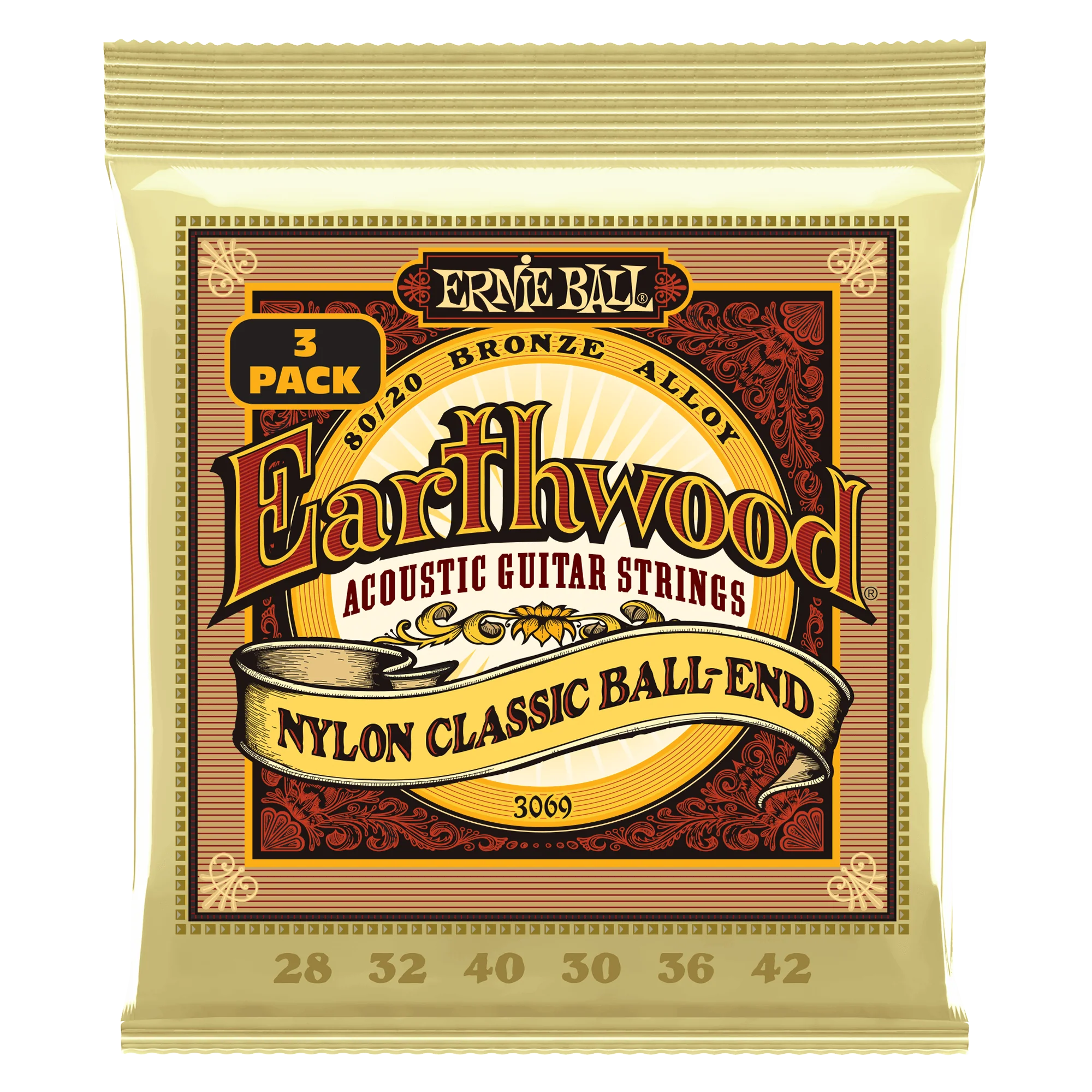 Ernie Ball Earthwood 80/20 Bronze Nylon Ball End Folk/Classical Guitar Strings - Clear & Gold - 3 Pack