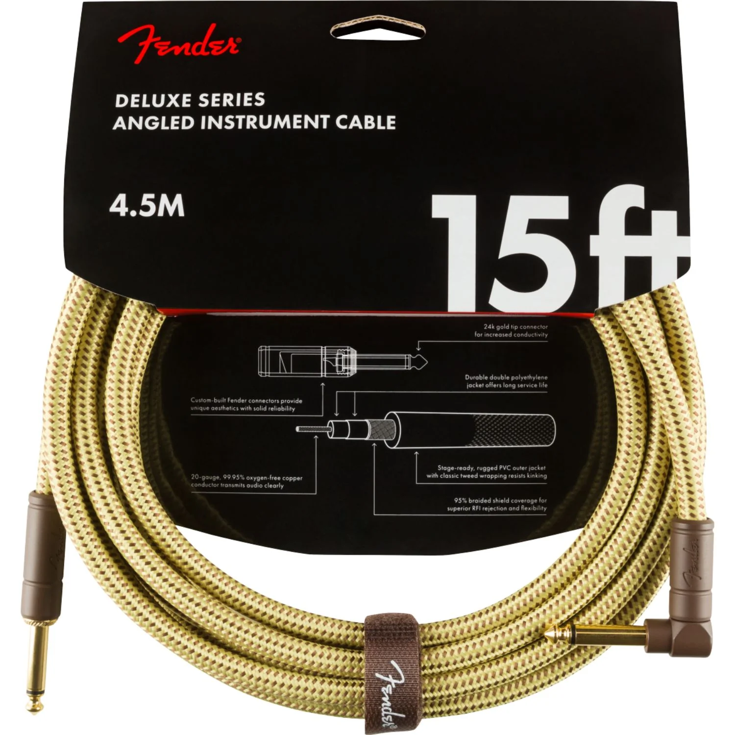 Fender 0990820086 15 Feet Deluxe Series Instrument Cable Straight/Angle- Tweed