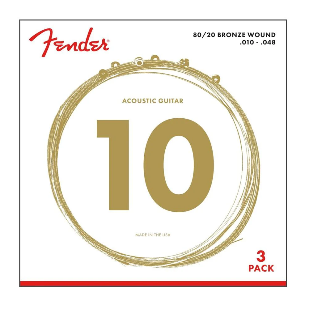 Fender 80/20 Bronze Acoustic Guitar Strings - Pack of 3 - 0.010-0.048