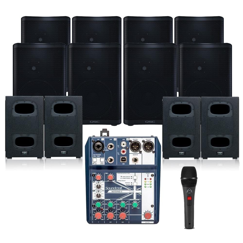 Gym Sound System with 8xQSC CP8 Wall Mount Loudspeakers, Subwoofer, Microphone & Yamaha Mixer