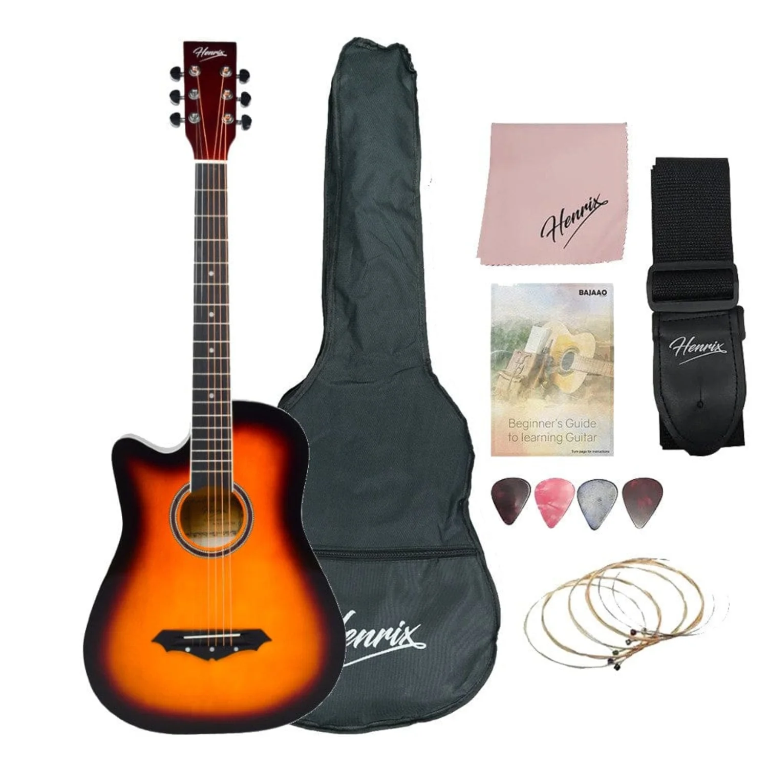 Henrix 38C 38 Inch Cutaway Acoustic Guitar with Dual Action Truss Rod, Gigbag, Picks, String Set, Strap, Cloth & Ebook - Image 106