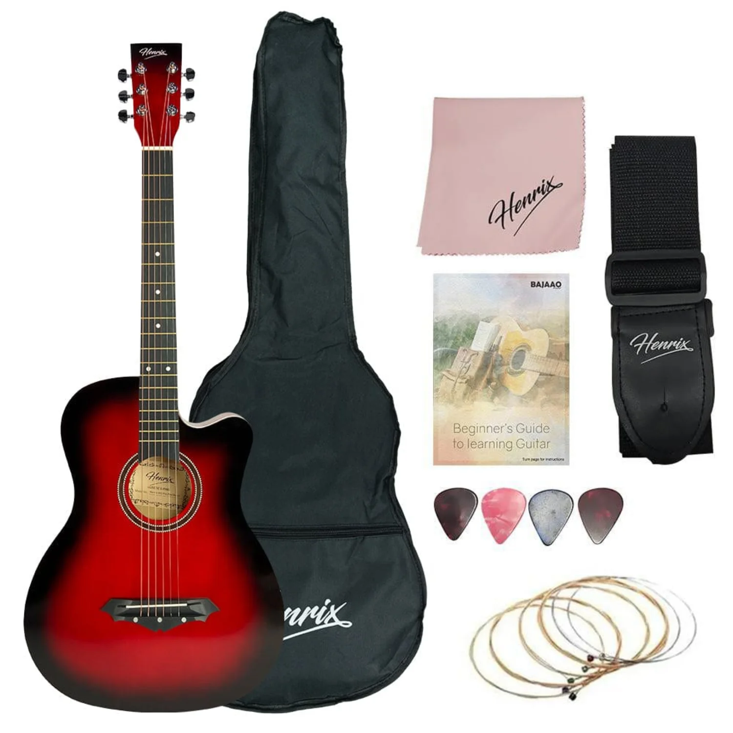 Henrix 38C 38 Inch Cutaway Acoustic Guitar with Dual Action Truss Rod, Gigbag, Picks, String Set, Strap, Cloth & Ebook - Image 22