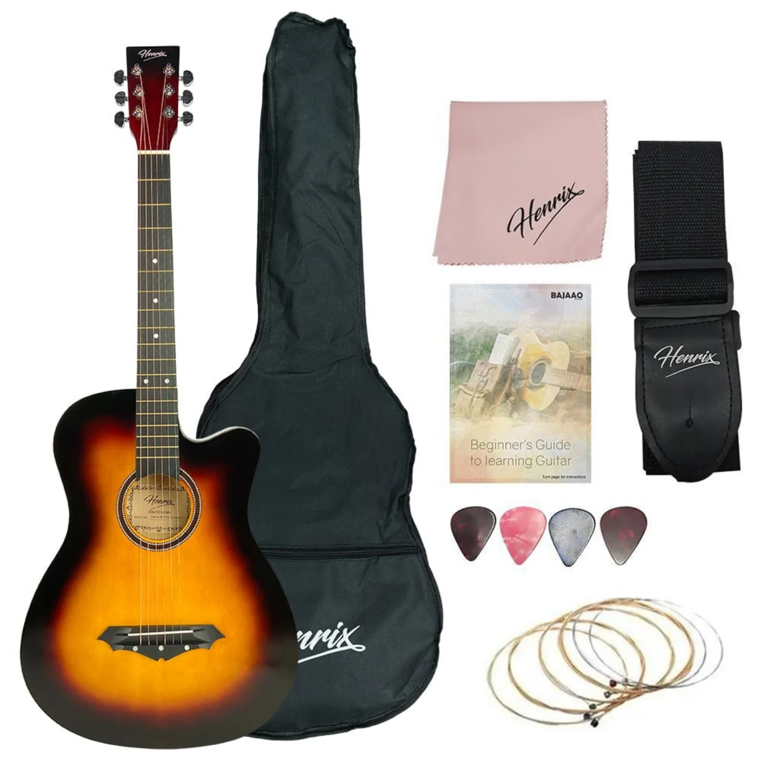 Henrix 38C 38 Inch Cutaway Acoustic Guitar with Dual Action Truss Rod, Gigbag, Picks, String Set, Strap, Cloth & Ebook - Image 34