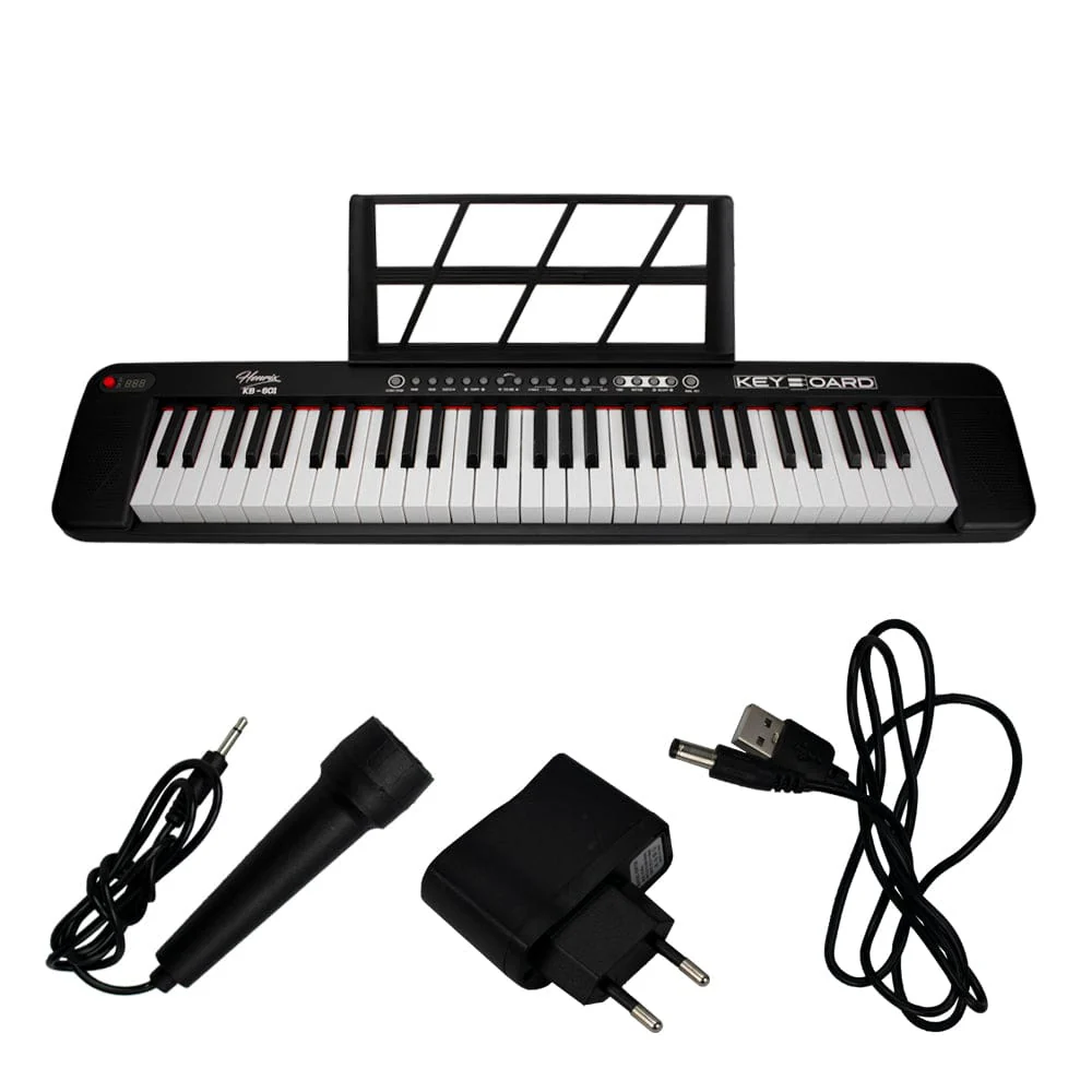 Henrix KB-601 Portable 61 Full Size Keys Keyboard with Adapter and Microphone