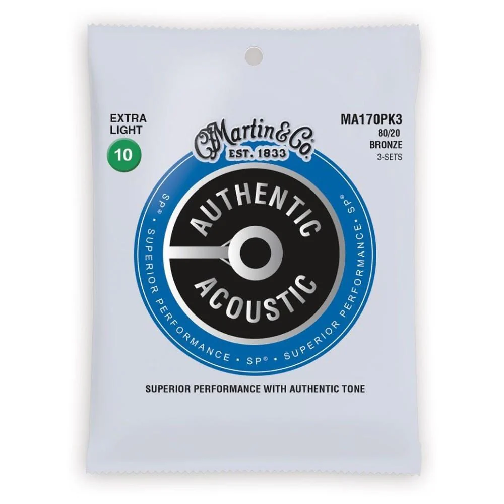 Martin MA170PK3 80/20 Bronze Authentic 3-Pack Acoustic Guitar Strings - Extra Light - 10-47