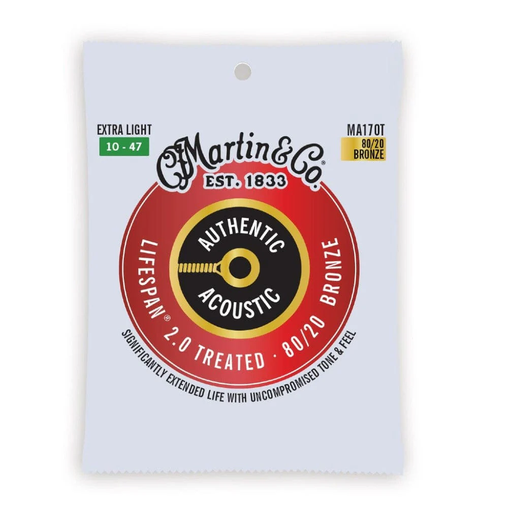 Martin MA170T 80/20 Bronze Lifespan Treated Authentic Acoustic Guitar Strings - Extra Light 10-47