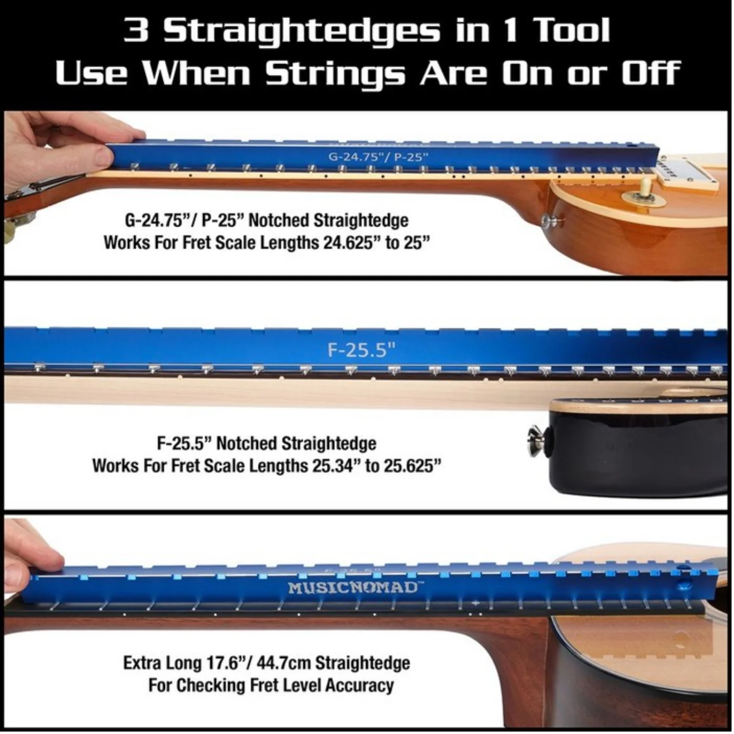 Music Nomad MN821 Tri-Beam 3 'n 1 Dual Notched Straightedge & Precision Straightedge - Image 6