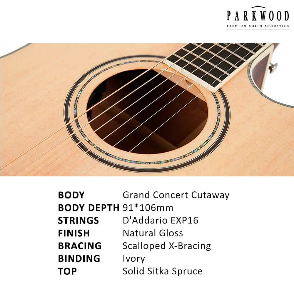 Parkwood S67 Grand Concert Cutaway Electro Acoustic Guitar with Gigbag - Image 3