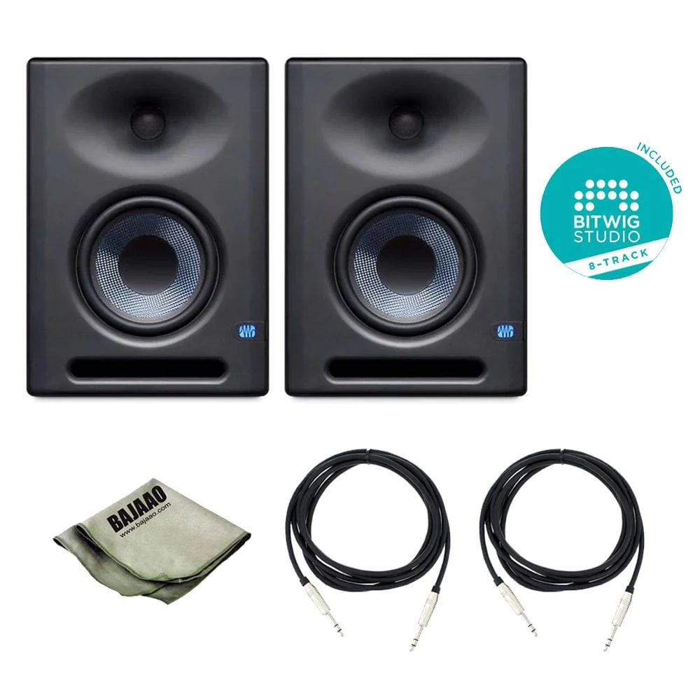 Presonus Eris E5 XT 2-Way Active Studio Monitors with Wave Guide - Pair With Polishing Cloth, 2x TRS Cables & Bitwig Software