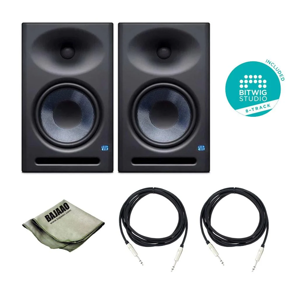 Presonus Eris E8 XT 2-Way Active Studio Monitor Pair with Wave Guide - Pair With Polishing Cloth, 2x TRS Cables & Bitwig Software