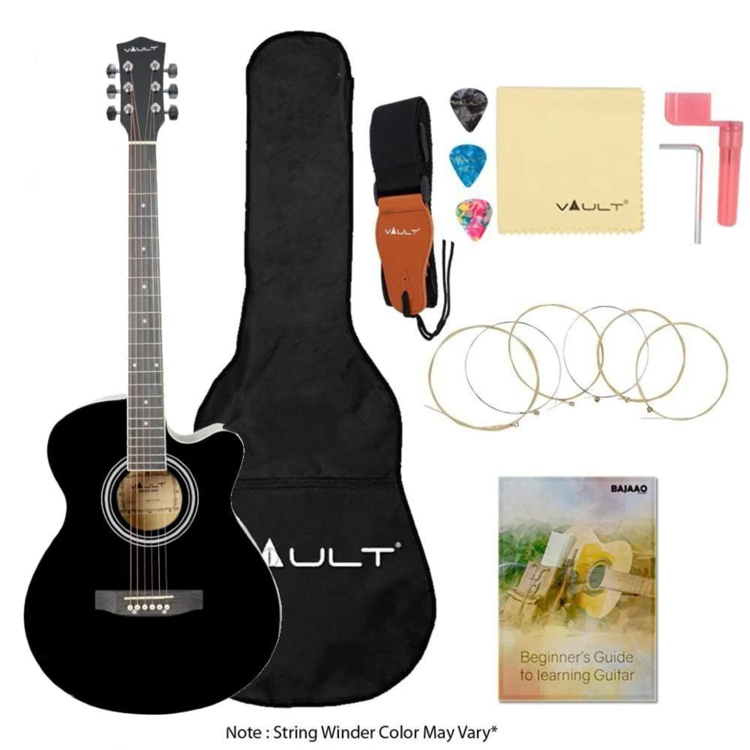 Vault EA20 Guitar Kit with Learn to Play Ebook, Bag, Strings, Straps, Picks, String winder & Polishing Cloth - 40 inch Cutaway Acoustic Guitar - Image 12