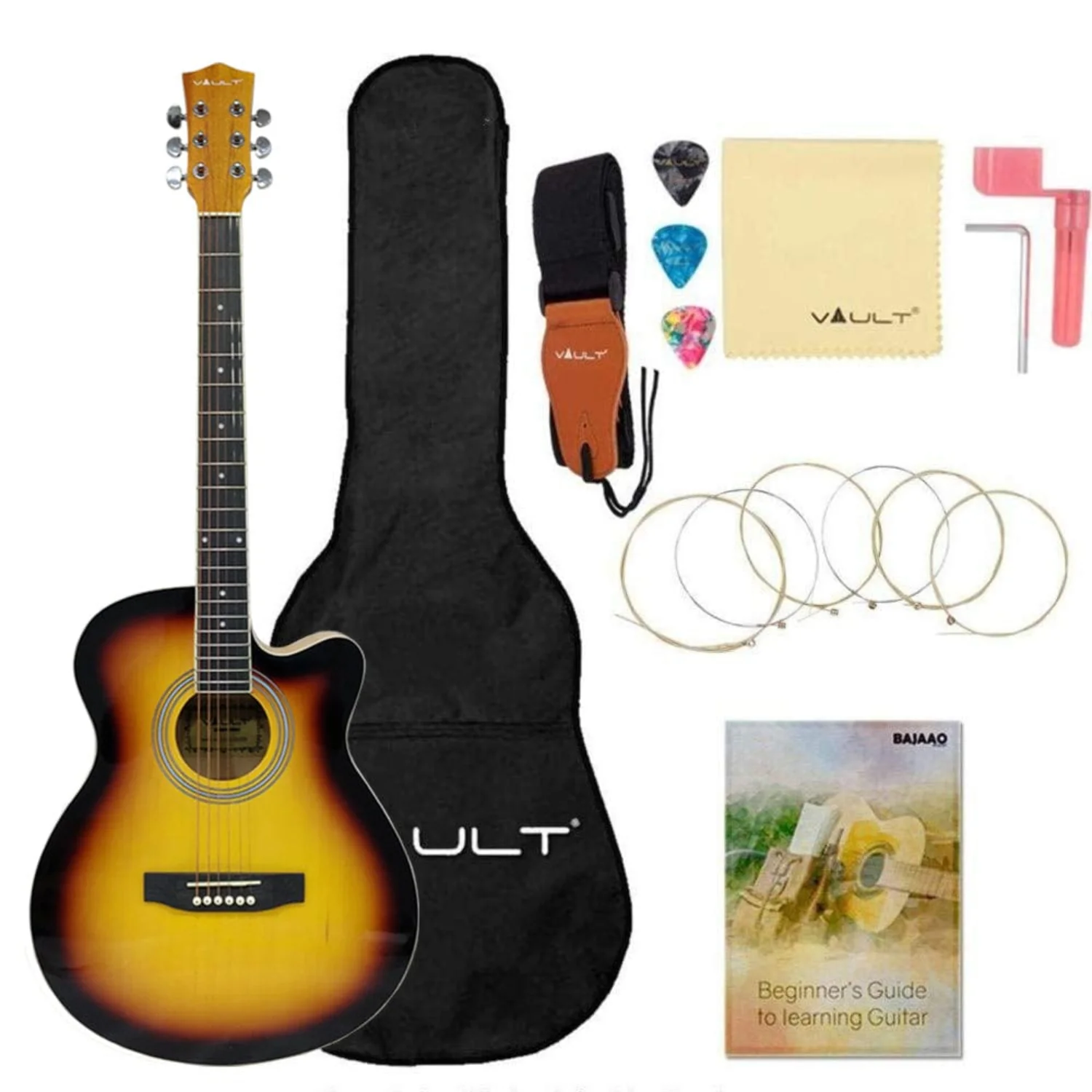 Vault EA20 Guitar Kit with Learn to Play Ebook, Bag, Strings, Straps, Picks, String winder & Polishing Cloth - 40 inch Cutaway Acoustic Guitar - Image 23