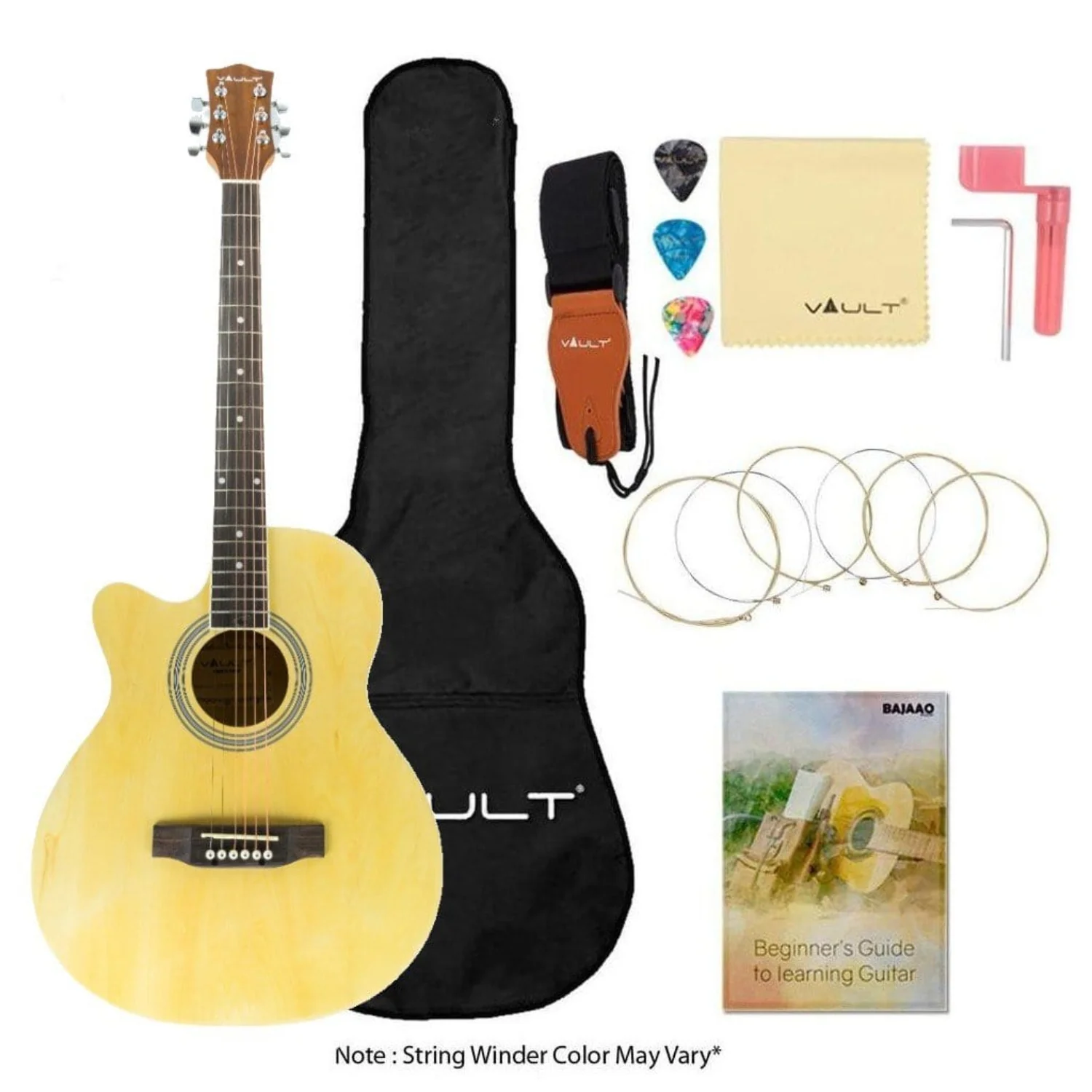 Vault EA20 Guitar Kit with Learn to Play Ebook, Bag, Strings, Straps, Picks, String winder & Polishing Cloth - 40 inch Cutaway Acoustic Guitar - Image 34