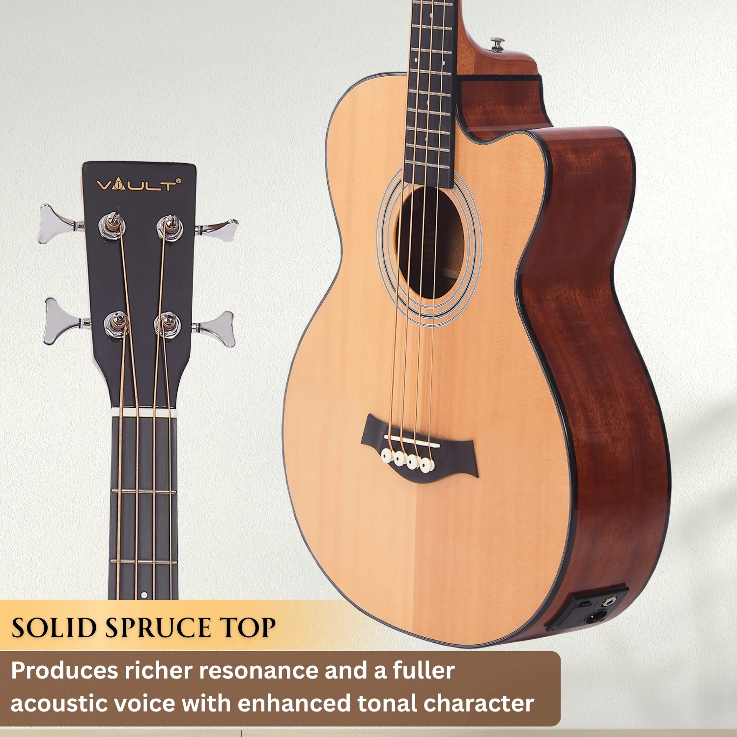 Vault EB40CE 4 String Solid-Top Acoustic Bass Guitar With EQ and Padded Gigbag - 34" Long Scale Length  - Open Box - Image 6