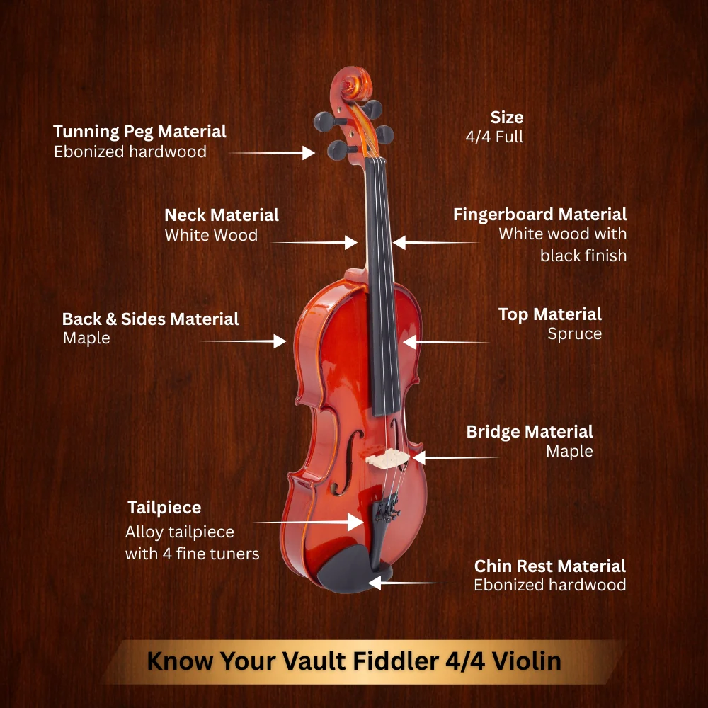 Vault Fiddler 4/4 Violin with Bow, Rosin & Case (Outfit) - Image 6