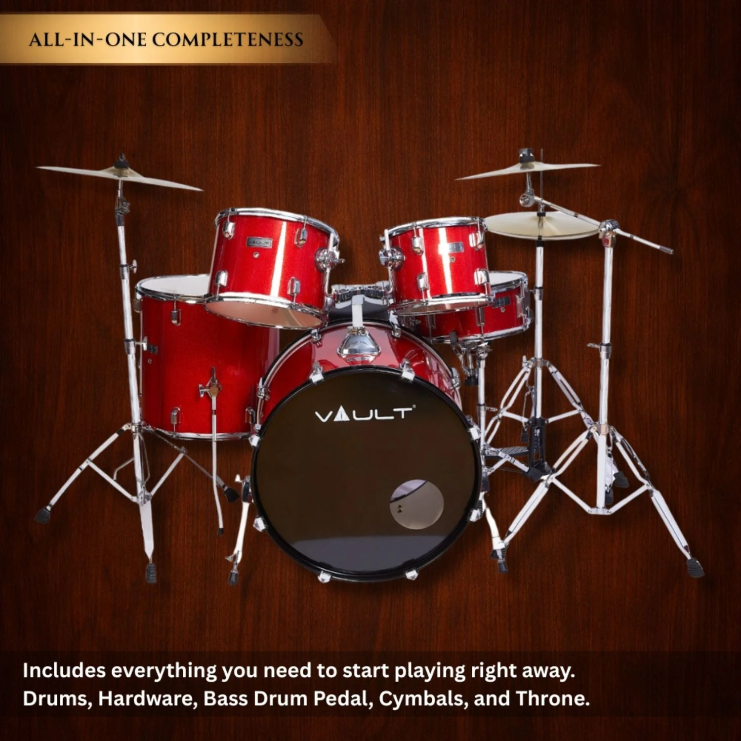 Vault Groover 22" 5-Piece Acoustic Drum Kit with Hardware, Cymbals & Throne - Image 15