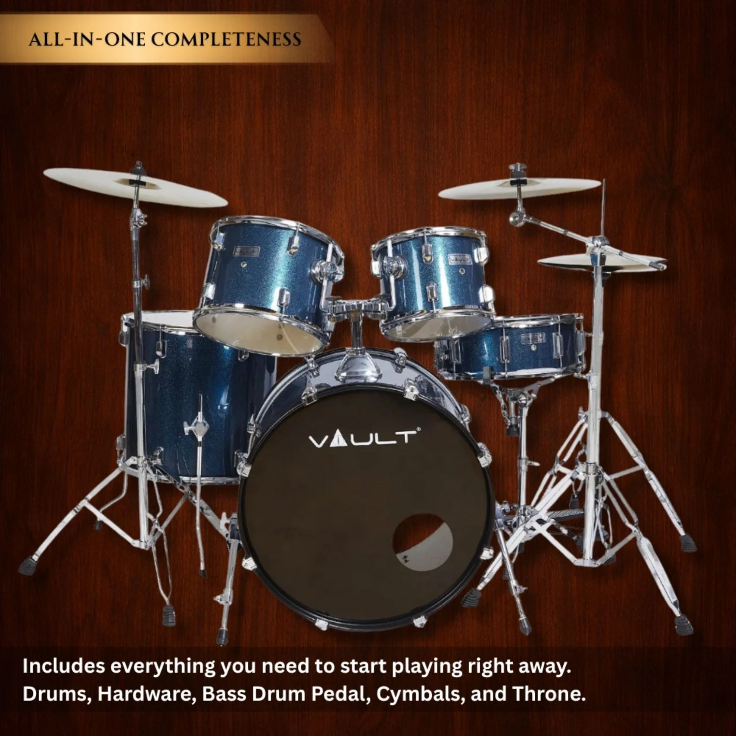 Vault Groover 22" 5-Piece Acoustic Drum Kit with Hardware, Cymbals & Throne - Image 2
