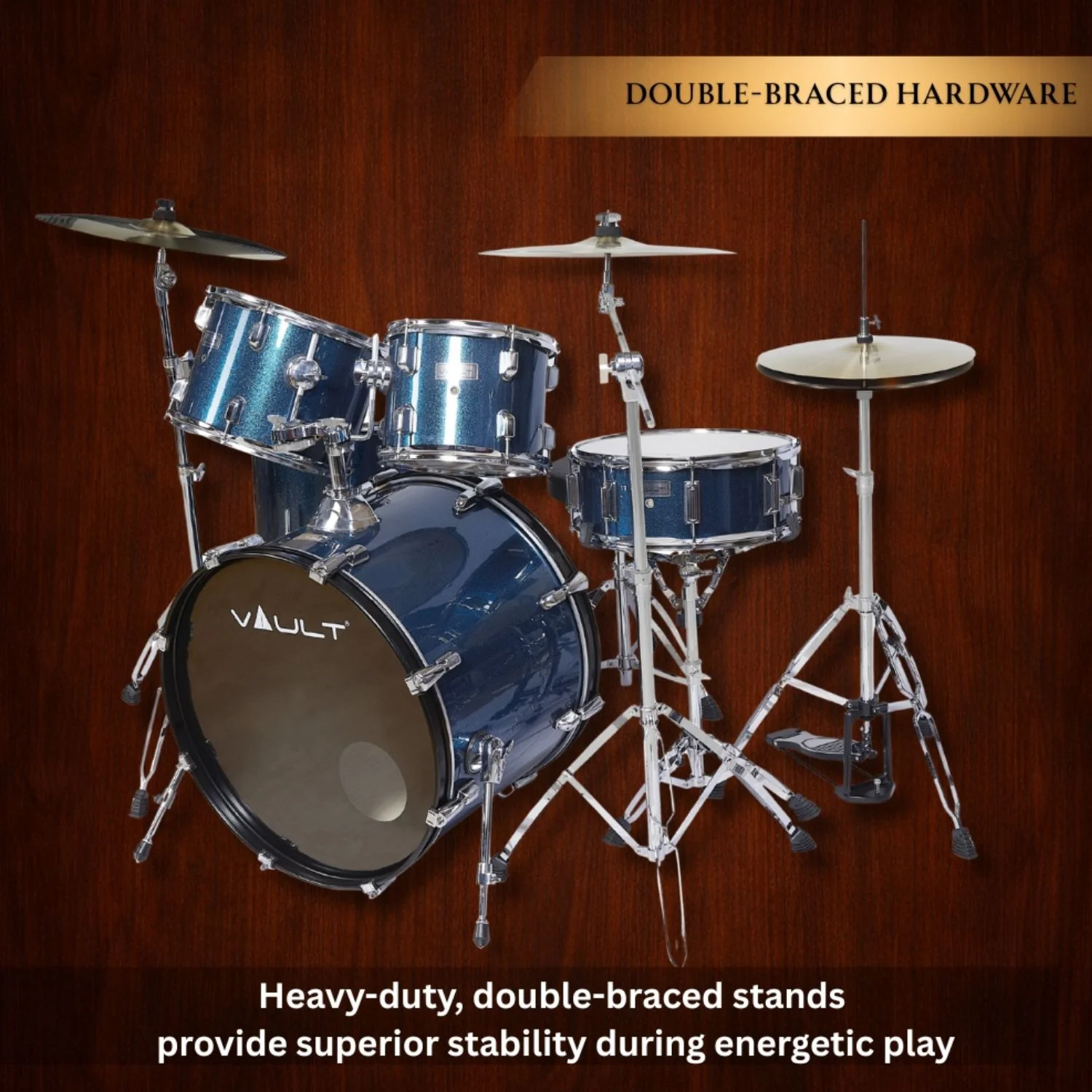Vault Groover 22" 5-Piece Acoustic Drum Kit with Hardware, Cymbals & Throne - Image 4