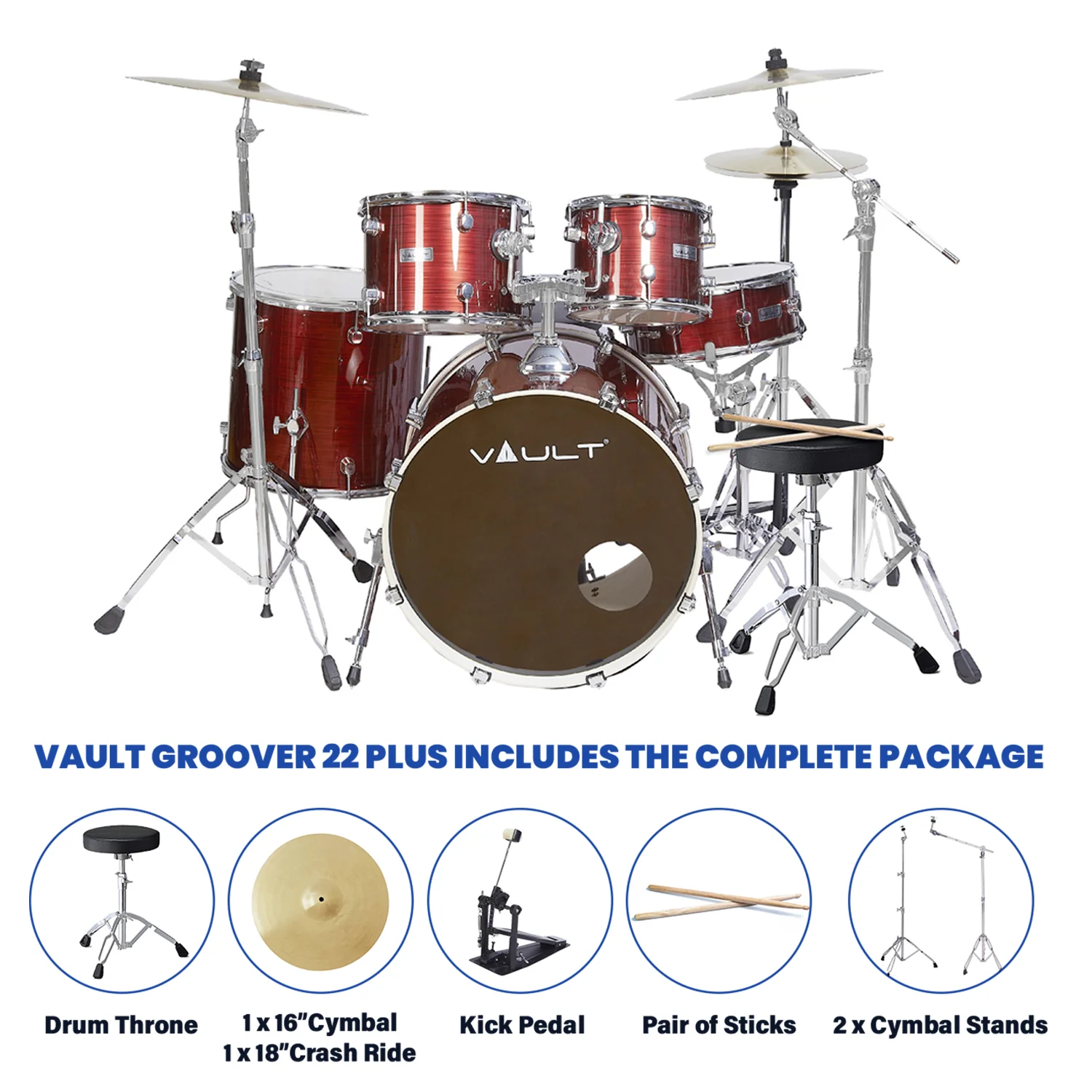 Vault Groover Plus 5-Piece Acoustic Drum Kit with Hardware, Cymbals & Throne - Image 10
