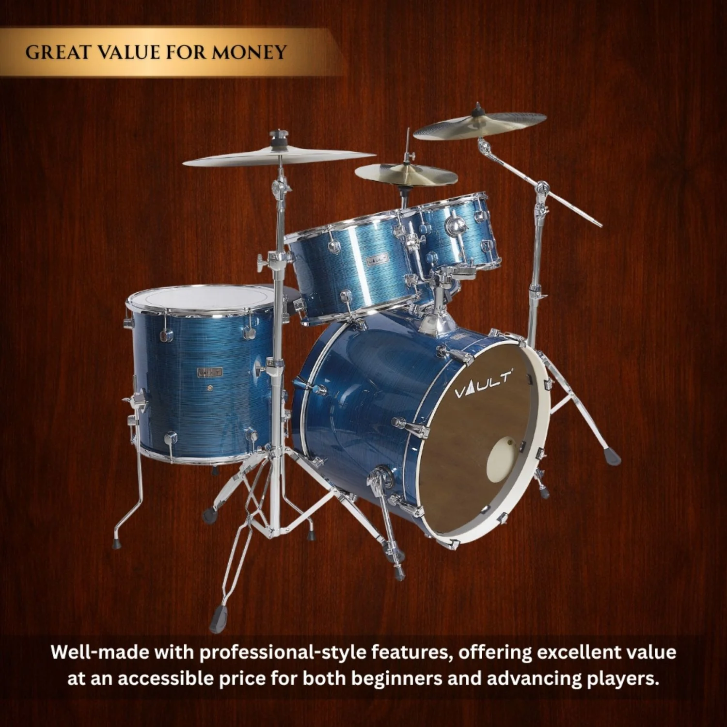 Vault Groover Plus 5-Piece Acoustic Drum Kit with Hardware, Cymbals & Throne - Image 35