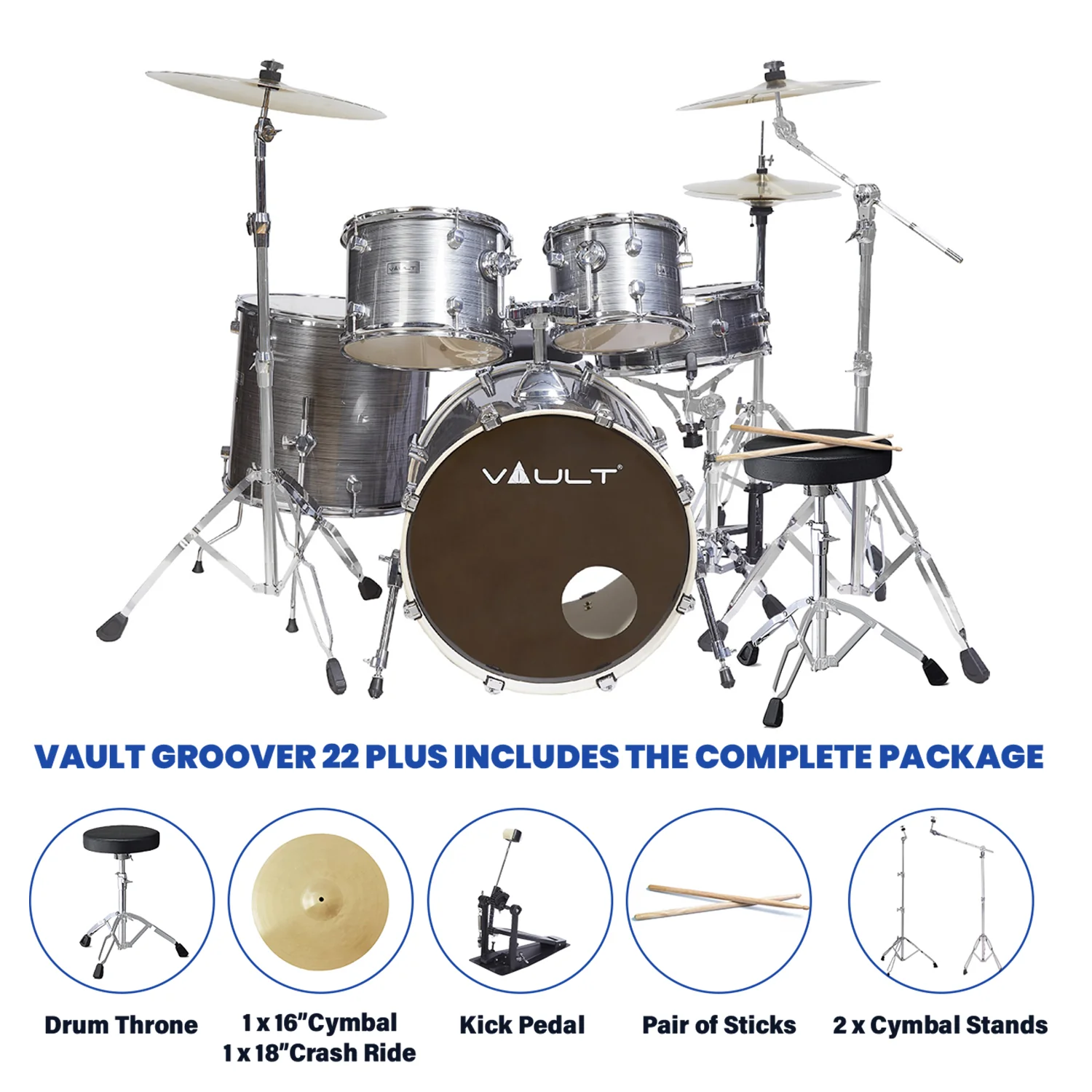 Vault Groover Plus 5-Piece Acoustic Drum Kit with Hardware, Cymbals & Throne - Image 66