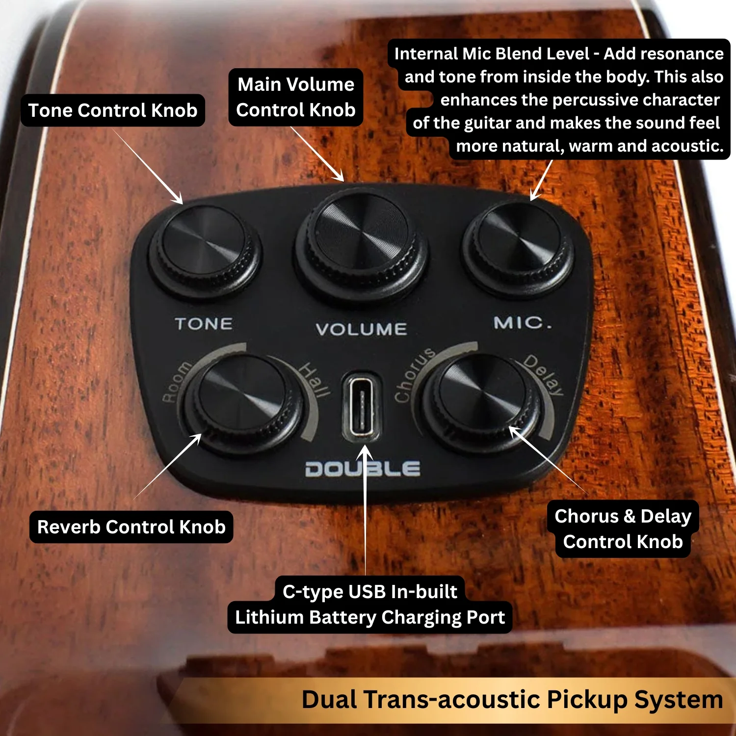 Vault Performer Pro FX Premium All Solid Body Electro Acoustic Guitar with Transacoustic Pickup, On Board Effects, Armrest and Padded Gigbag - Image 4