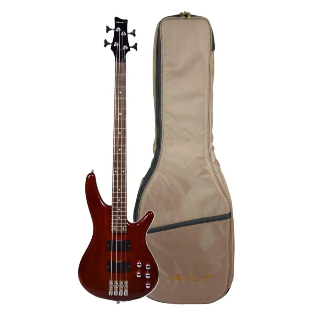 Vault Performer Pro RB4 Four String Electric Bass Guitar with Gigbag - High Gloss Solid Mahogany
