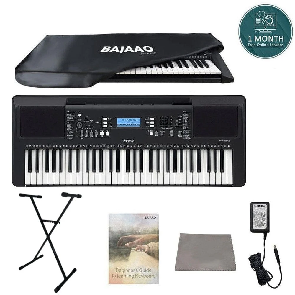 Yamaha PSR-E373 61-Key Touch Sensitive Portable Keyboard with Dust Cover, Stand, Polishing Cloth, Online Lessons & Ebook